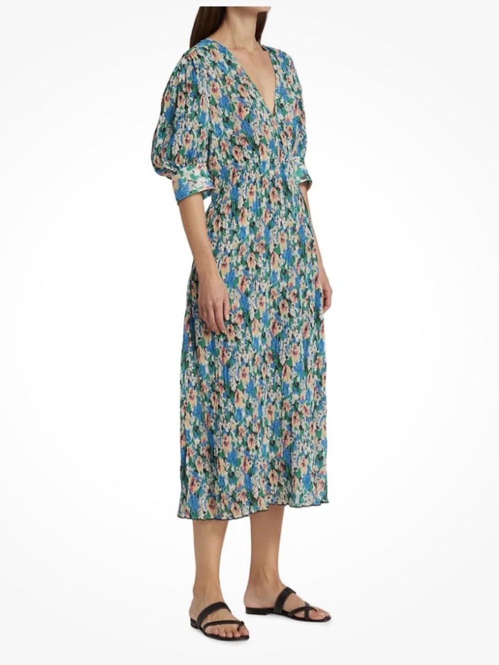 GANNI Blue Floral Pleated Georgette Midi Dress EU 34 US 2 Puff Sleeve Smocked - Picture 3 of 8